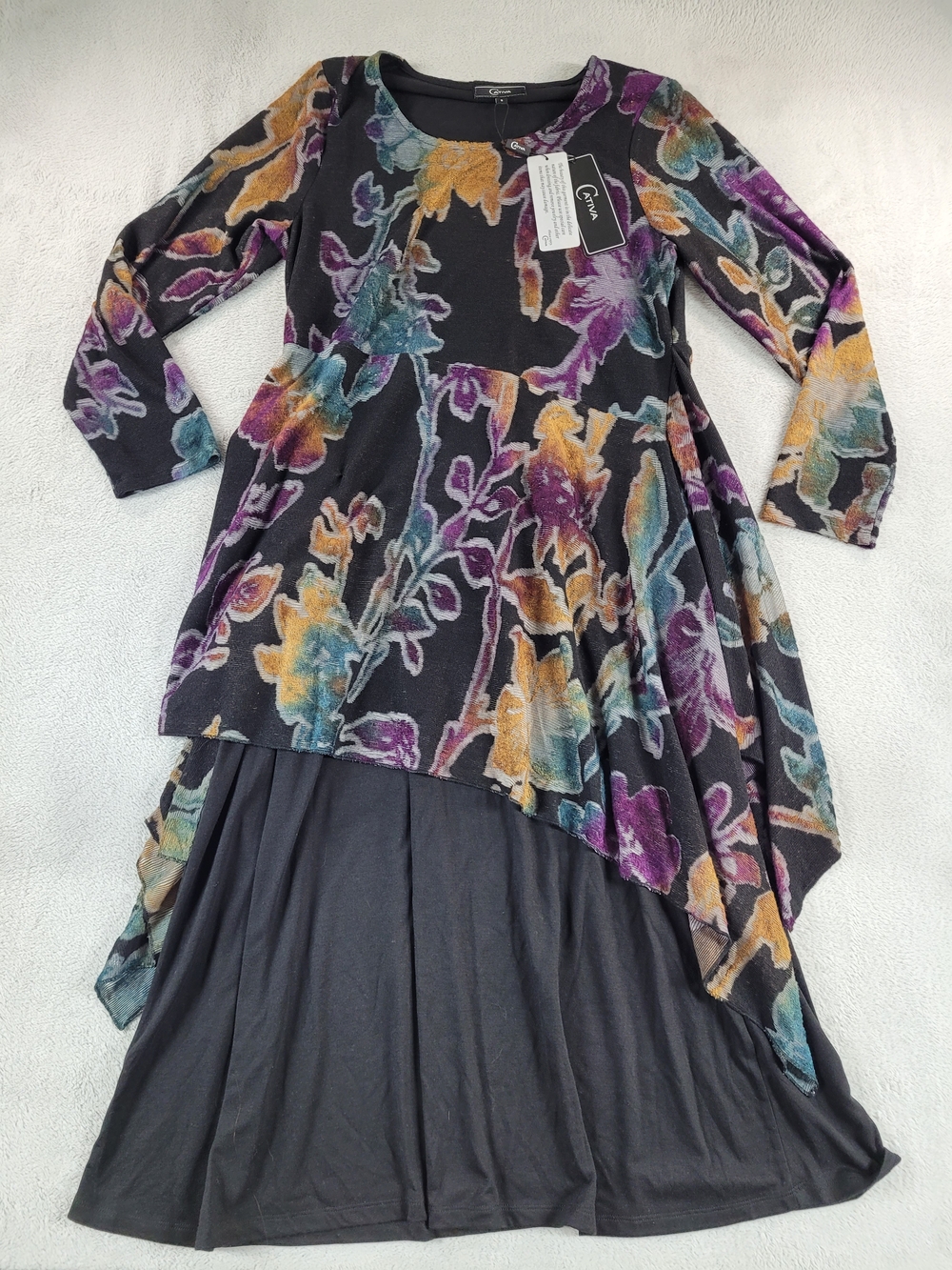 Cativa Black Asymmetrical Floral Maxi Dress with Purple, Yellow & Teal